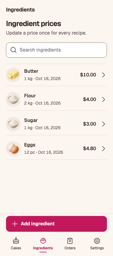 The ingredient list keeps package prices and purchase dates together.