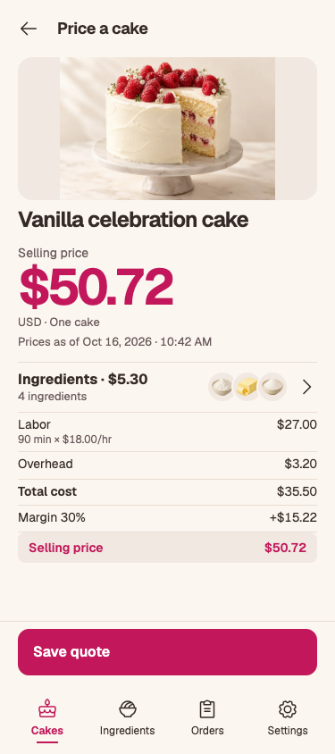 Tortally shows a $35.50 total cost and a $50.72 selling price at a 30% margin.