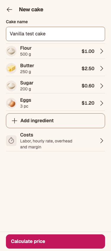 A cake recipe lists flour, butter, sugar, and eggs, with a Calculate price button.